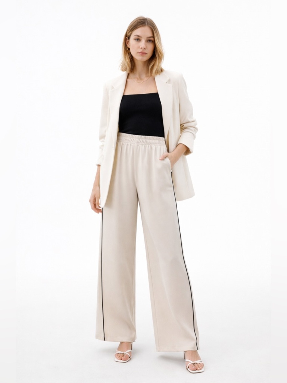 ZARA Wide-Leg Modal Trousers Cream w/Black Piping – Sz XL (NWT)